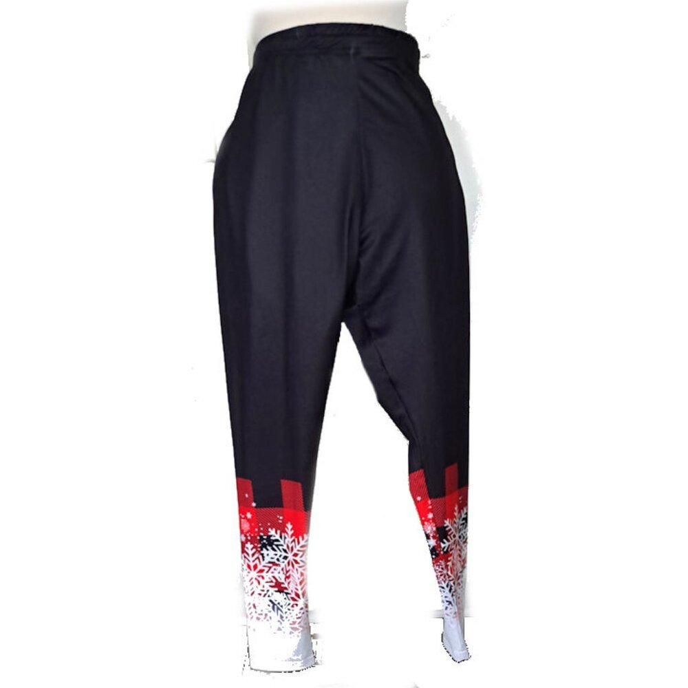 NEW CHRISTMAS SPANDEX LEGGINGS, BLACK WITH RED/WHITE  SNOWFLACKS, 1XL
